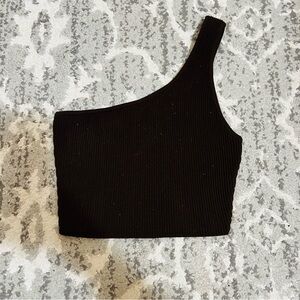 Babaton Brown Ribbed One-Shoulder Crop Top